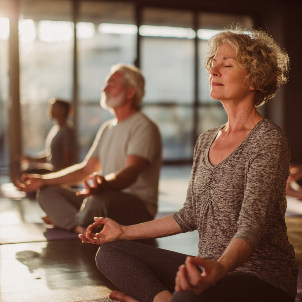 Middle-aged adults practicing gentle yoga poses in natural lighting