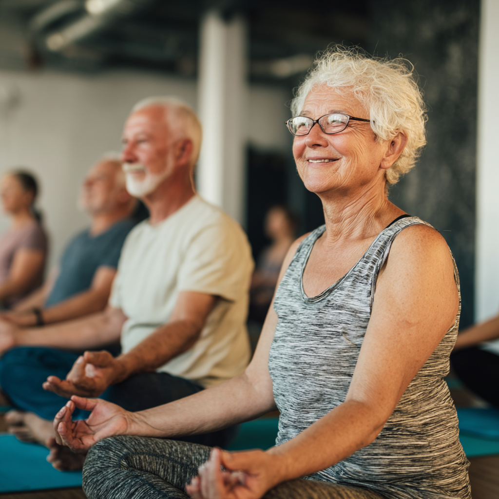Older adults participating in gentle group yoga session